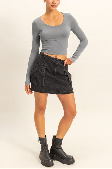Mineral Washed Denim Cargo Black Mini Skirt