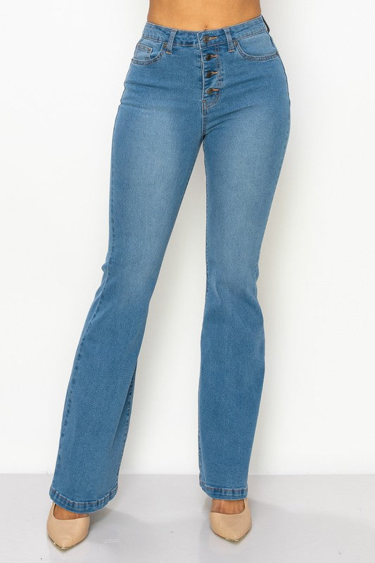 Stretchy Button Down Bell-Bottom Jeans