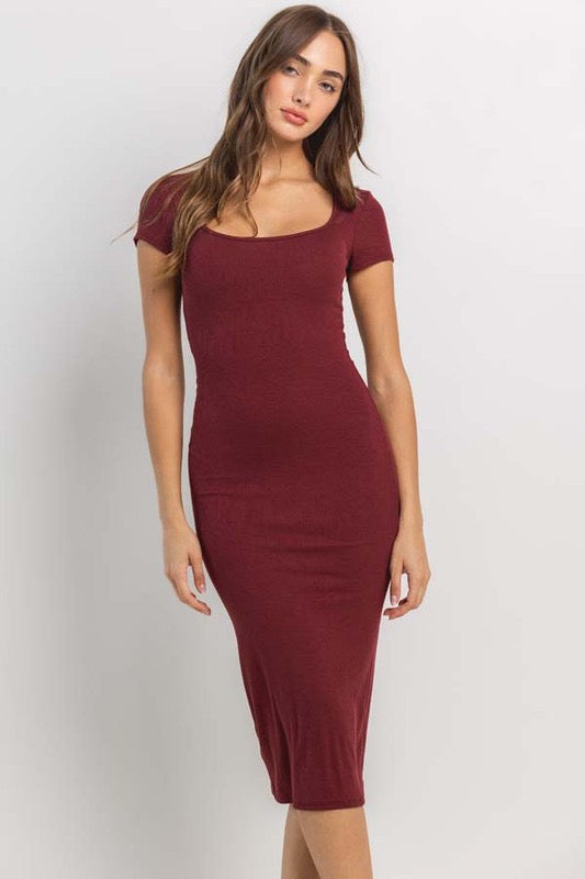 Rib Square Neck Classic Midi Dress