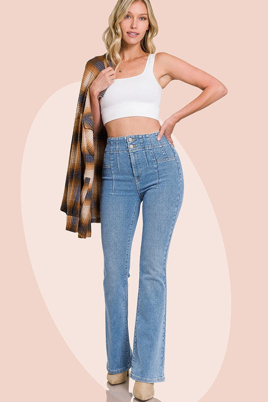 Pin-tuck High Waist Flare Jean