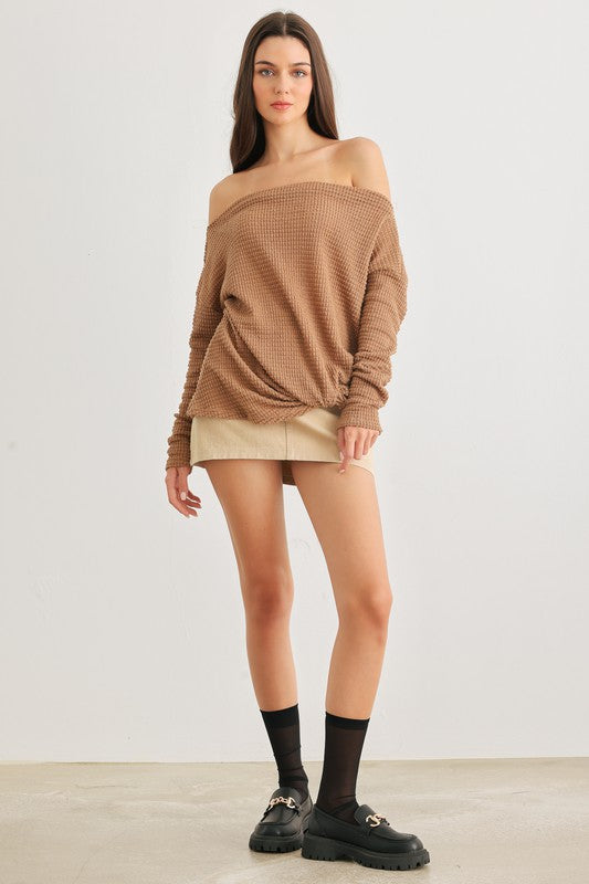 Waffle Knit Off-The-Shoulder Twist Hem Top