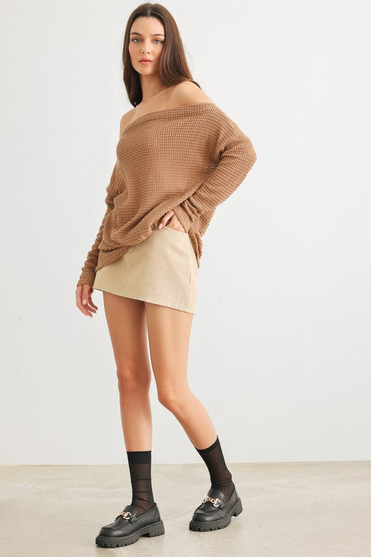 Waffle Knit Off-The-Shoulder Twist Hem Top