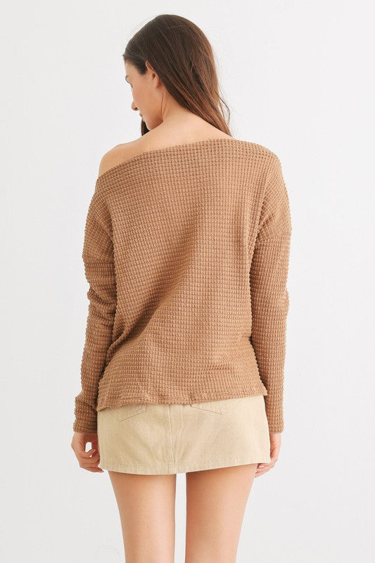 Waffle Knit Off-The-Shoulder Twist Hem Top