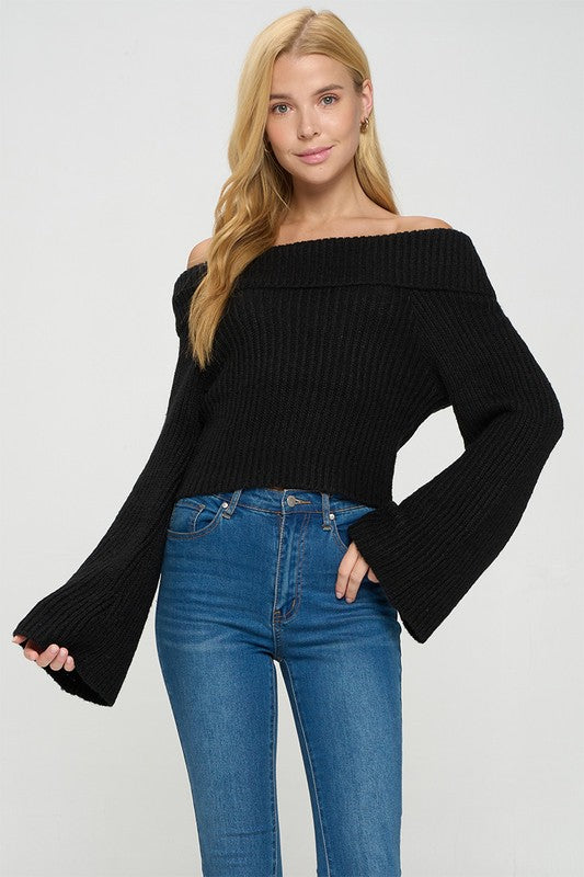 Long Bell Sleeve Fold-over Off Shoulder Sweater