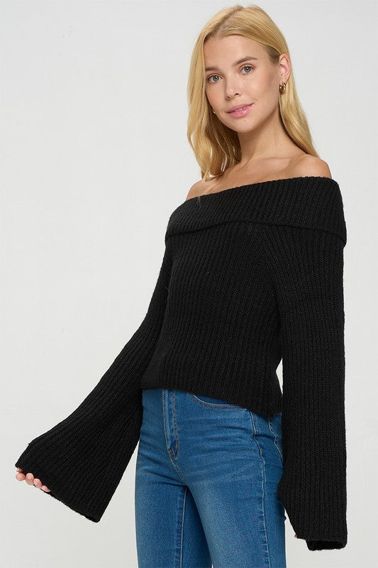 Long Bell Sleeve Fold-over Off Shoulder Sweater