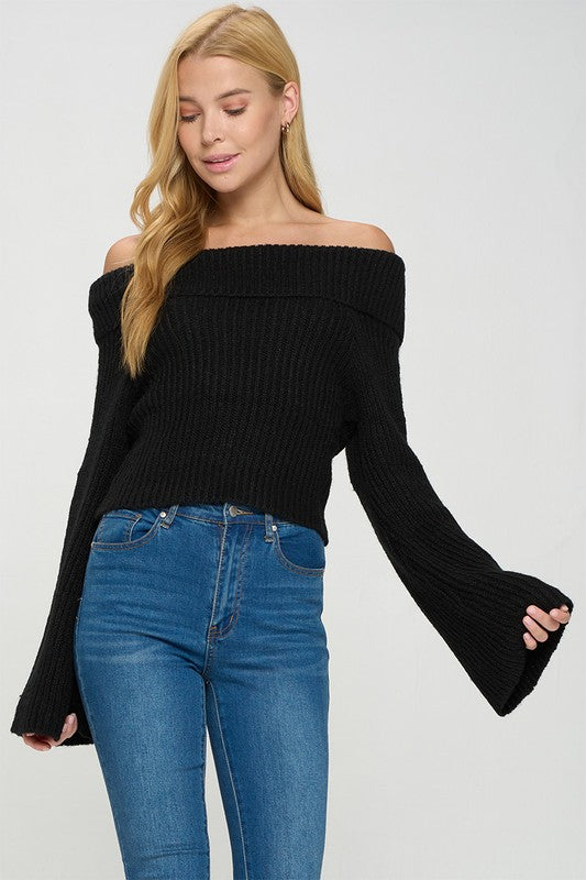 Long Bell Sleeve Fold-over Off Shoulder Sweater