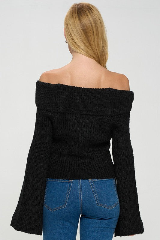 Long Bell Sleeve Fold-over Off Shoulder Sweater
