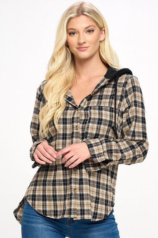 Plaid Hooded Button-Up Shirt Jacket