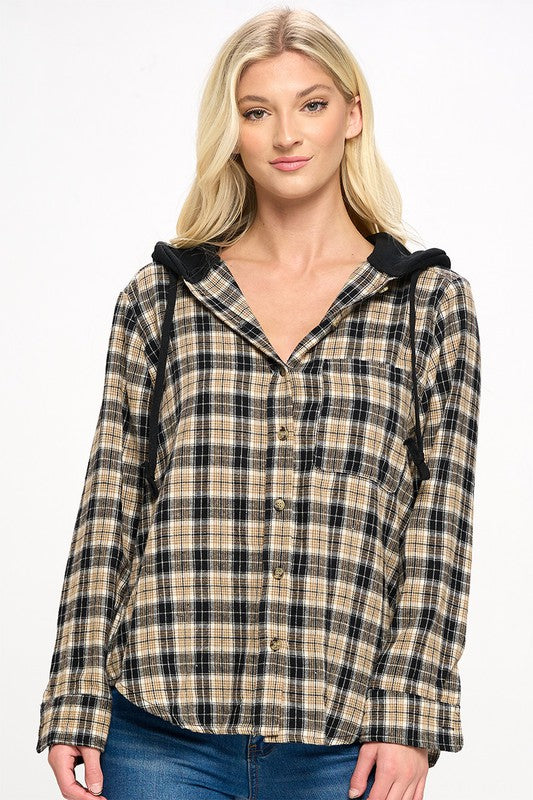 Plaid Hooded Button-Up Shirt Jacket