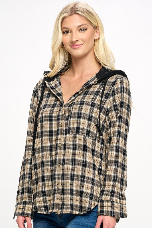 Plaid Hooded Button-Up Shirt Jacket