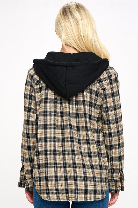 Plaid Hooded Button-Up Shirt Jacket