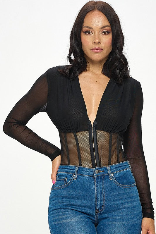 Mesh Long Sleeve Bodysuit With Deep V-Neckling