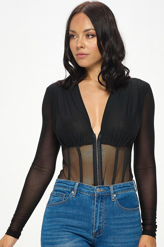 Mesh Long Sleeve Bodysuit With Deep V-Neckling
