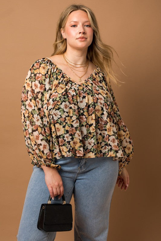 Curvy Floral V Neck Babydoll Top
