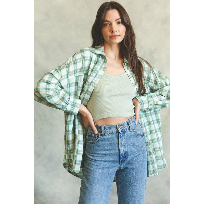 Oversized Plaid Button Shirt Top