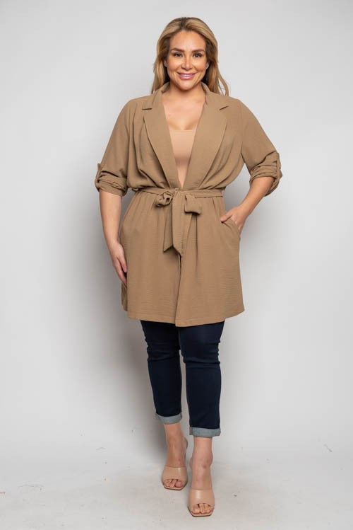 Curvy Roll Up Sleeve Drape Front Jacket