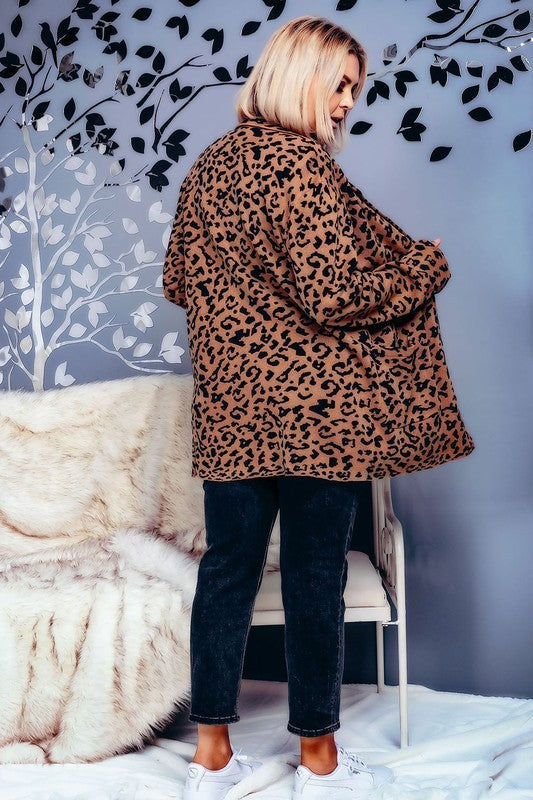 Curvy Leopard Open Front Collar Cardigan
