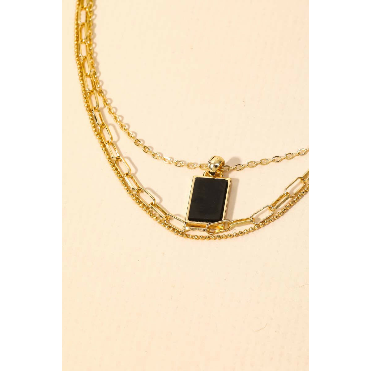 Layered Chain Link Rectangle Charm Necklace
