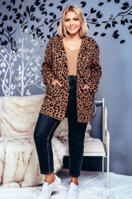 Curvy Leopard Open Front Collar Cardigan