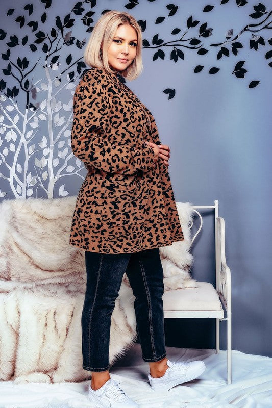 Curvy Leopard Open Front Collar Cardigan