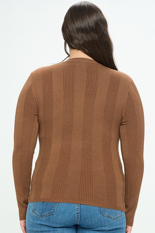 Curvy Long sleeve round neck ribbed knit top.