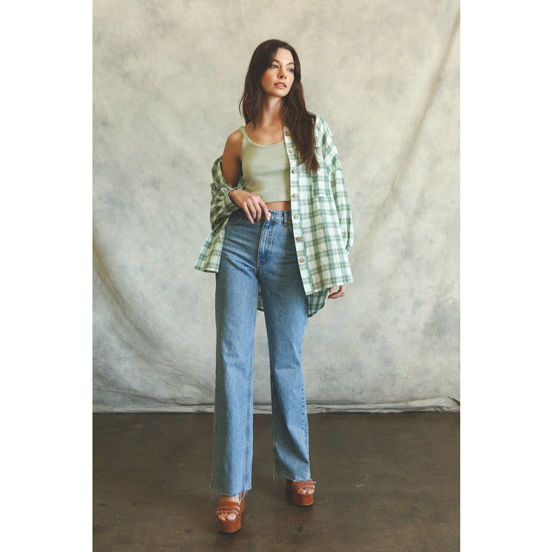 Oversized Plaid Button Shirt Top