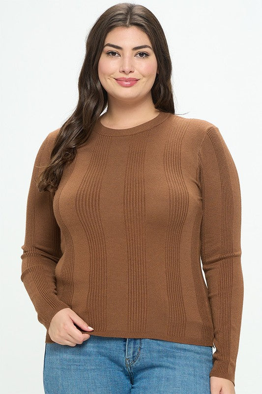 Curvy Long sleeve round neck ribbed knit top.