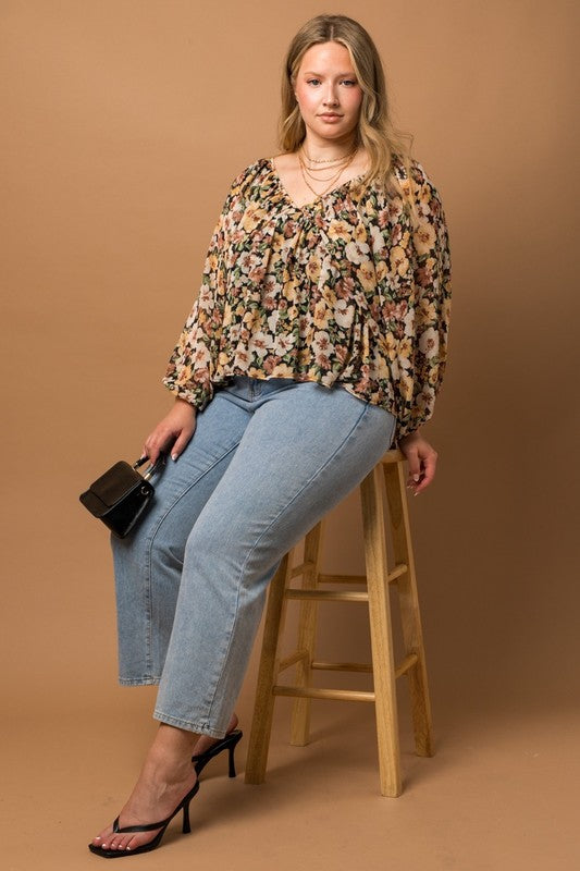 Curvy Floral V Neck Babydoll Top