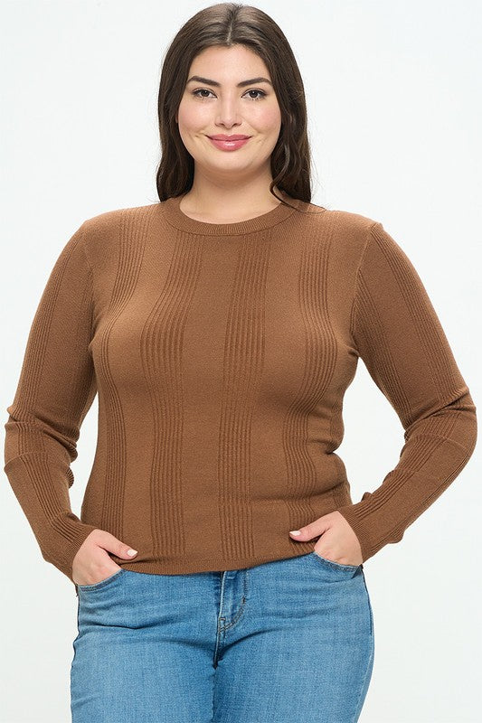 Curvy Long sleeve round neck ribbed knit top.