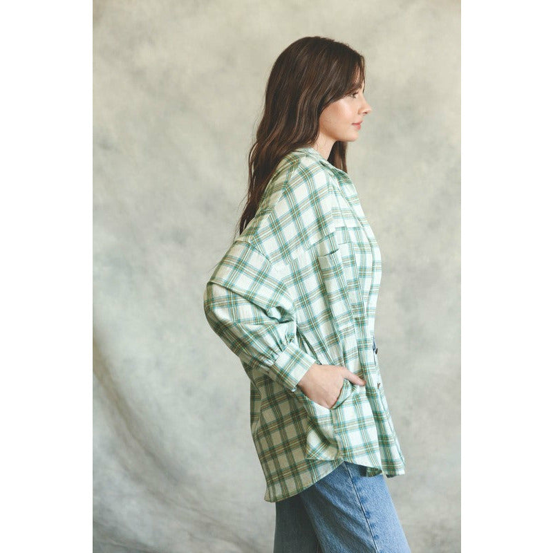 Oversized Plaid Button Shirt Top