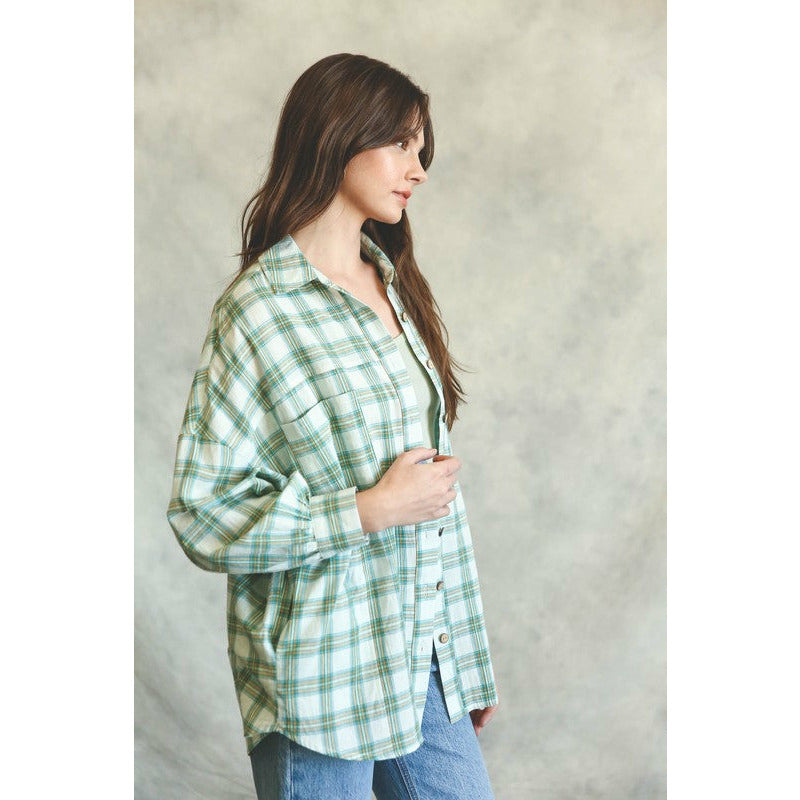 Oversized Plaid Button Shirt Top