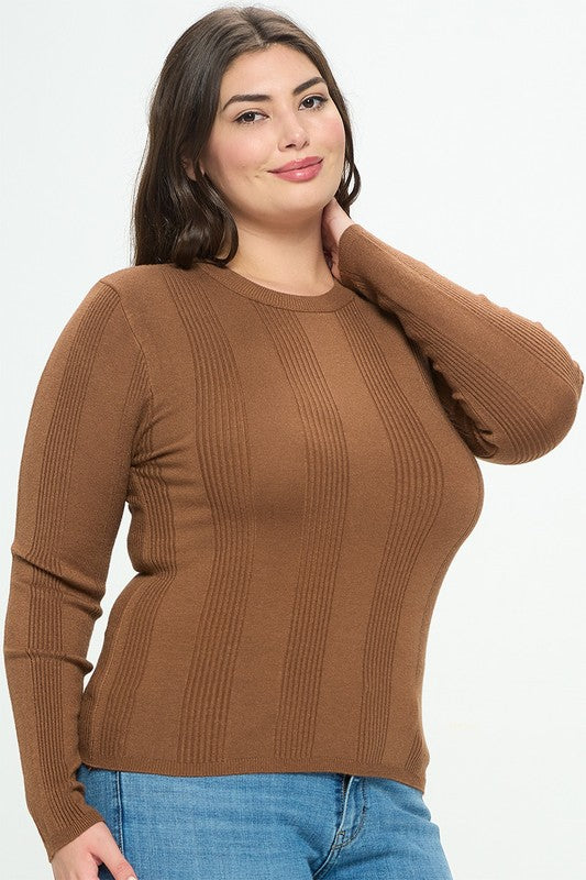 Curvy Long sleeve round neck ribbed knit top.