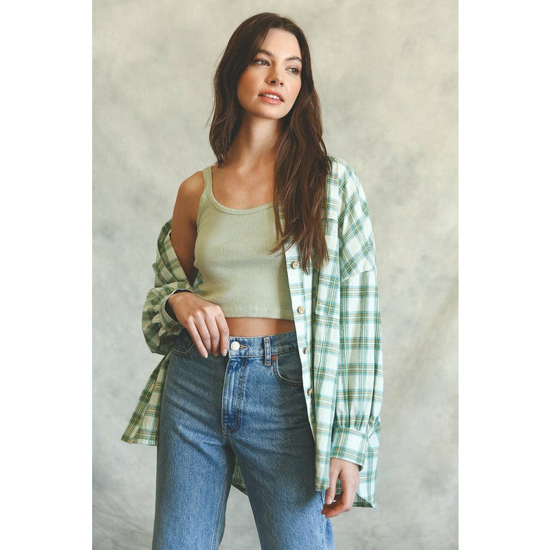 Oversized Plaid Button Shirt Top