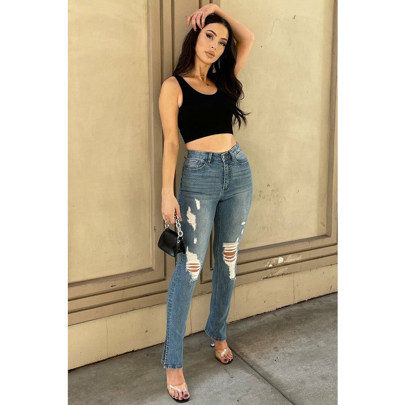 High Rise Distressed Slit Jeans