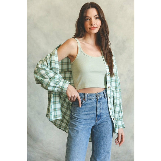 Oversized Plaid Button Shirt Top