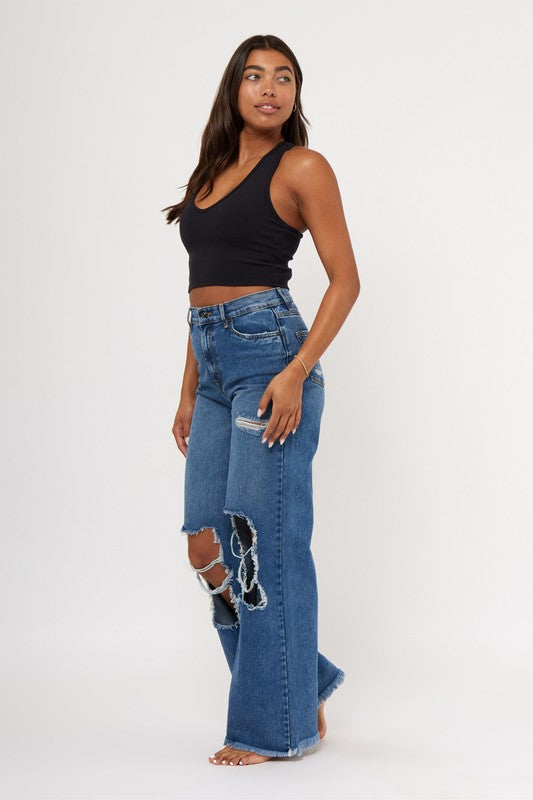 Destroyed Wide Leg Denim Jean