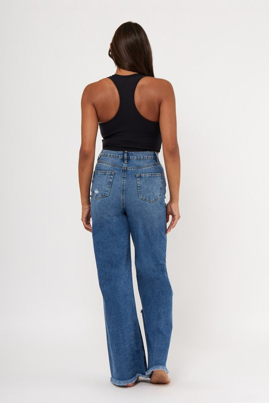 Destroyed Wide Leg Denim Jean