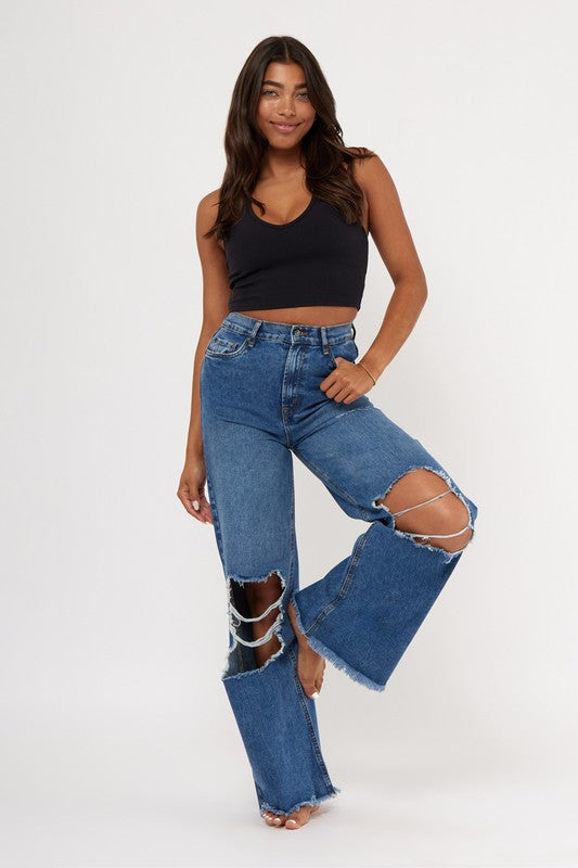 Destroyed Wide Leg Denim Jean