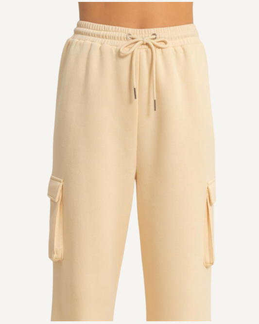 Cream Drawstring Cargo Sweatpants
