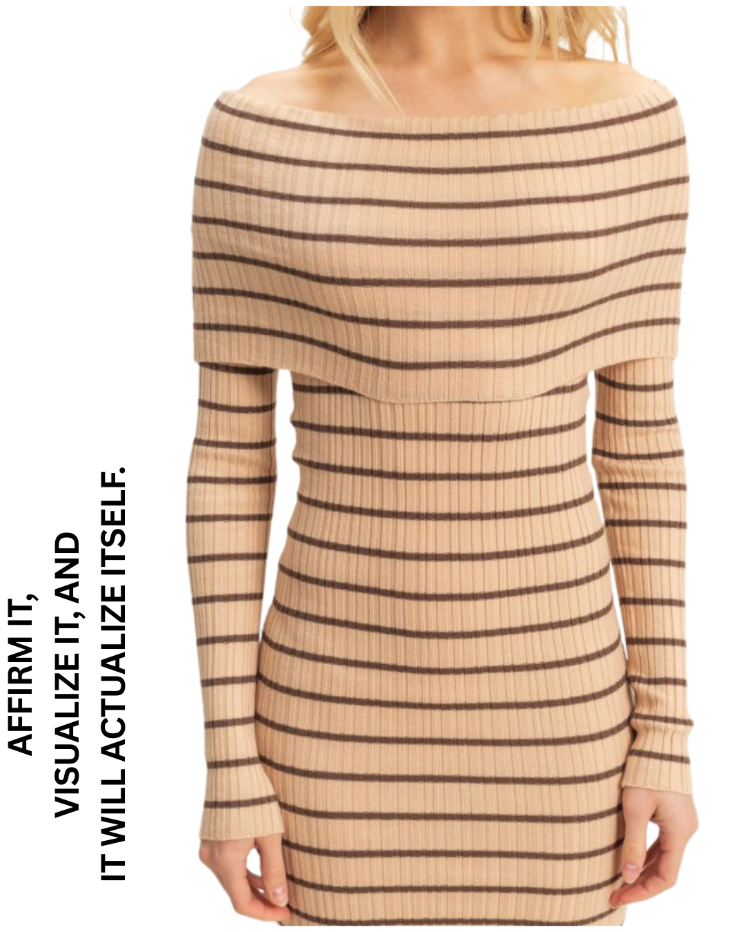 Beige Off-shoulder Stripe Knit Dress
