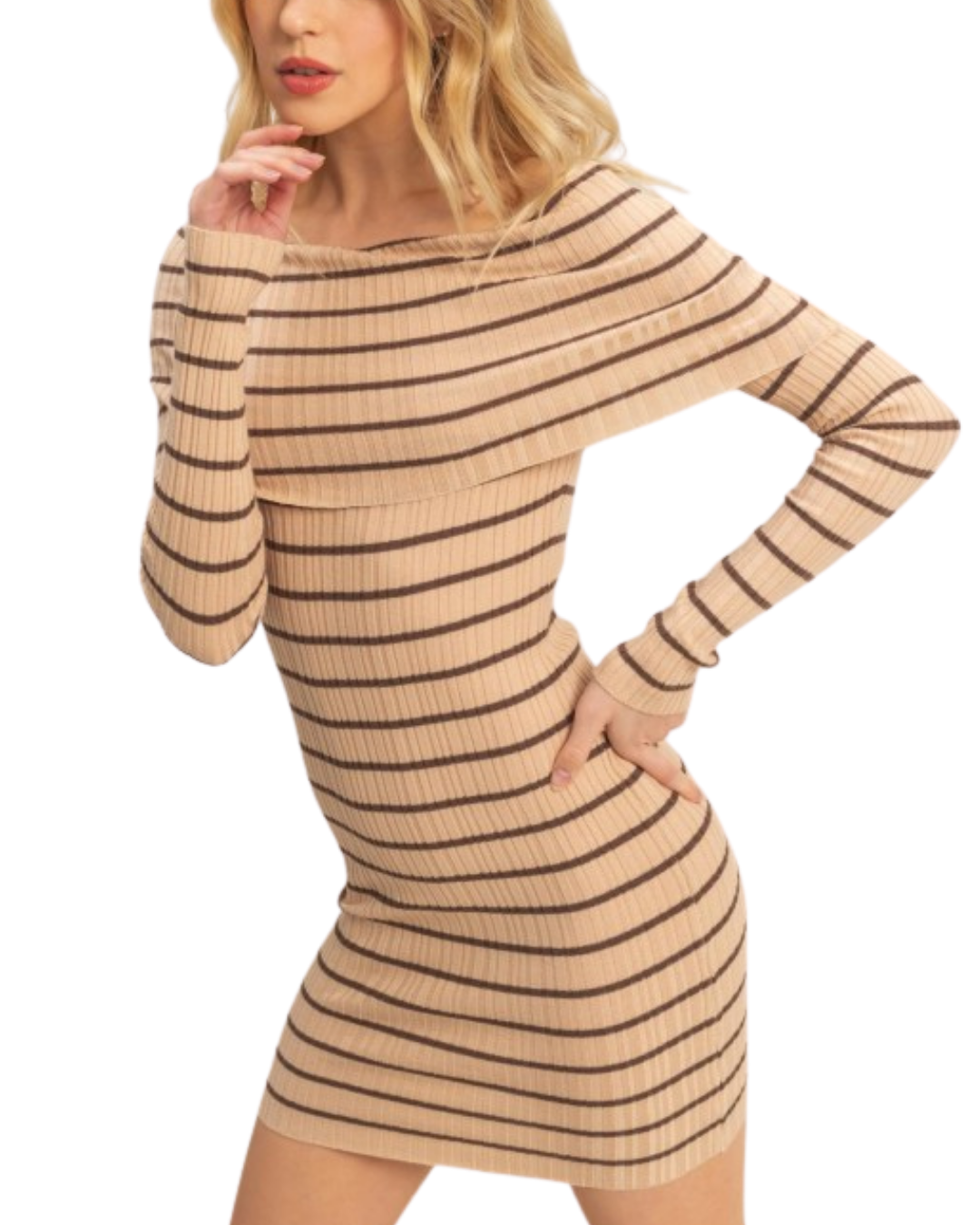 Beige Off-shoulder Stripe Knit Dress