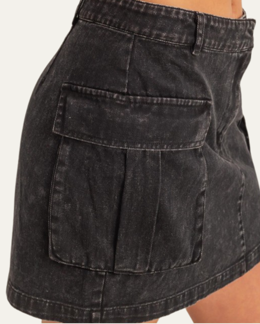 Mineral Washed Denim Cargo Black Mini Skirt