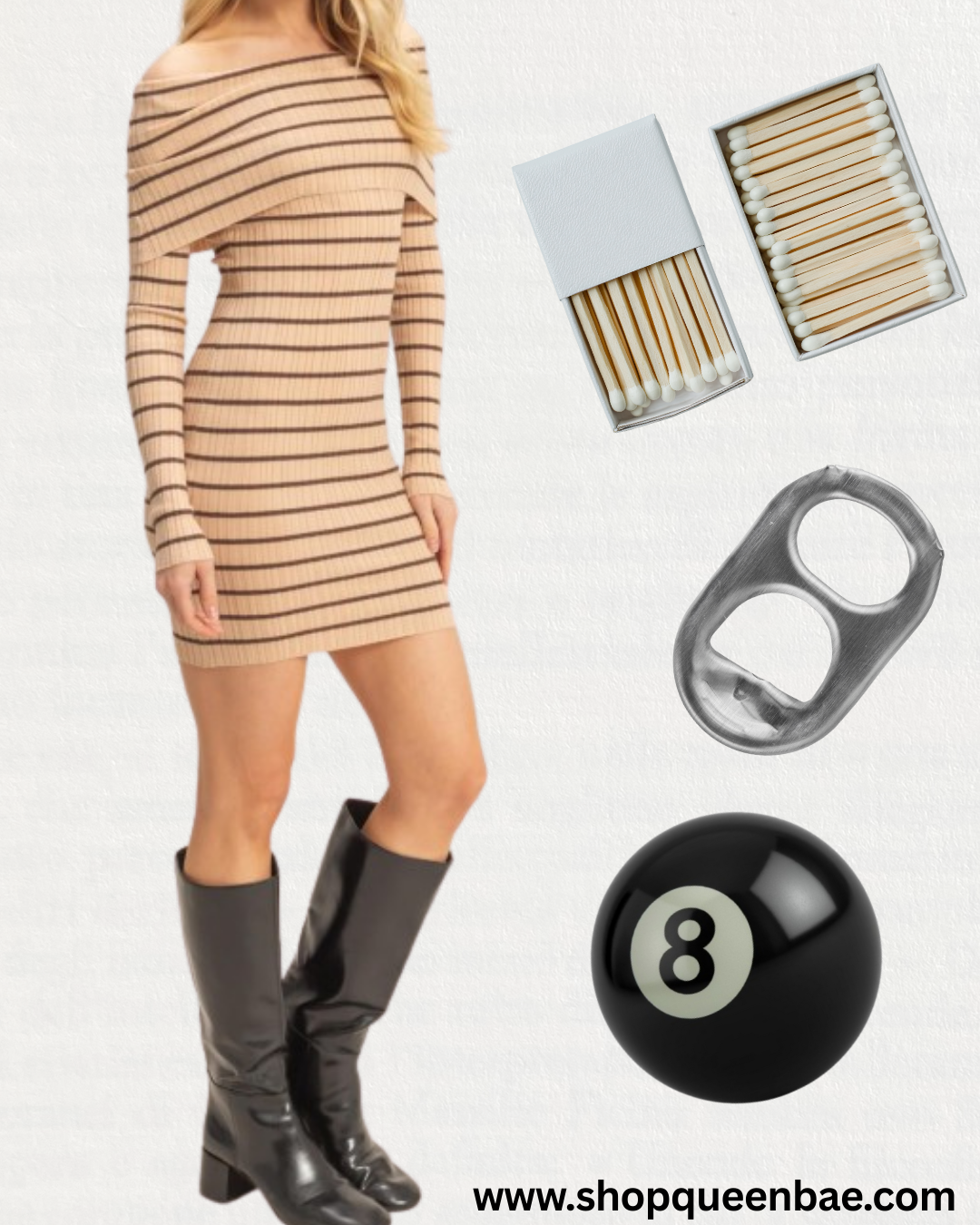 Beige Off-shoulder Stripe Knit Dress