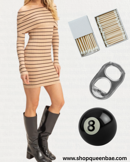 Beige Off-shoulder Stripe Knit Dress