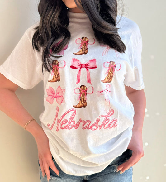 Pink Bow Nebraska Graphic Tee