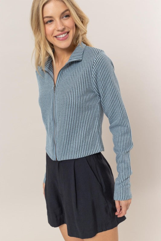 Stripped zip up knit top