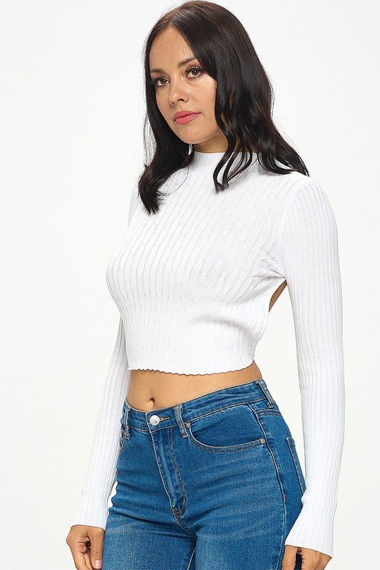 Long Sleeve Ribbed Cut Out Tie Crop Top