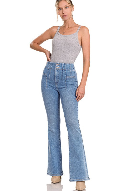 Pin-tuck High Waist Flare Jean