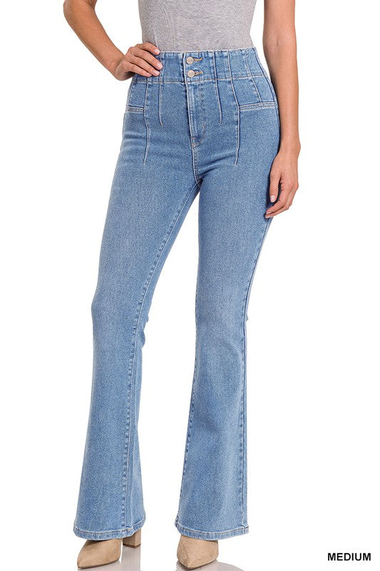 Pin-tuck High Waist Flare Jean