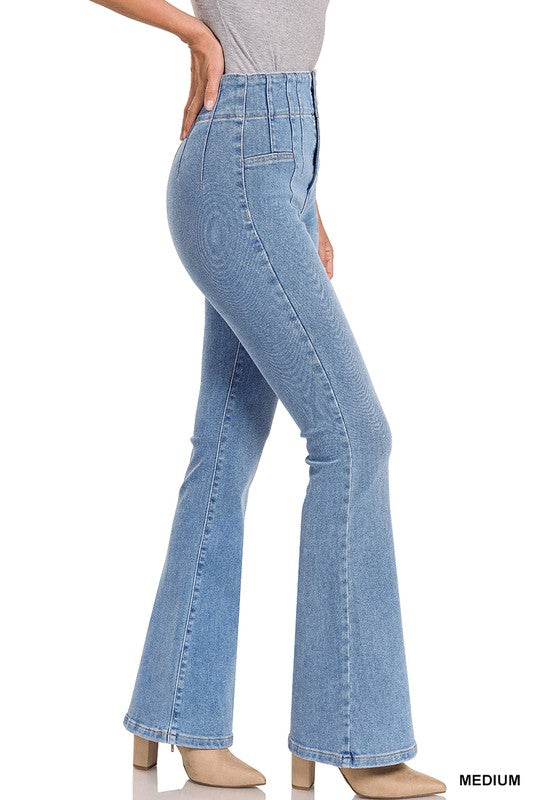 Pin-tuck High Waist Flare Jean